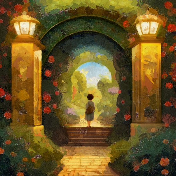 Magical Garden Archway with Roses and Lanterns – Whimsical Fantasy Artwork by Sandy Richter