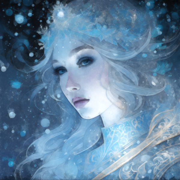 Mystical Ice Queen - Fantasy Winter Goddess Portrait in Blue Tones by Sandy Richter