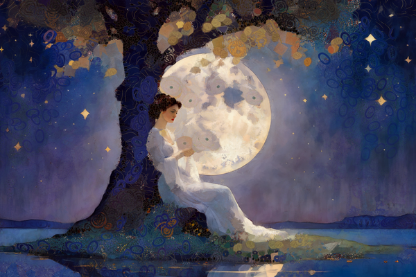 Dreamy Moonlit Night with Woman Under Tree and Stars Fantasy Art Print by Sandy Richter