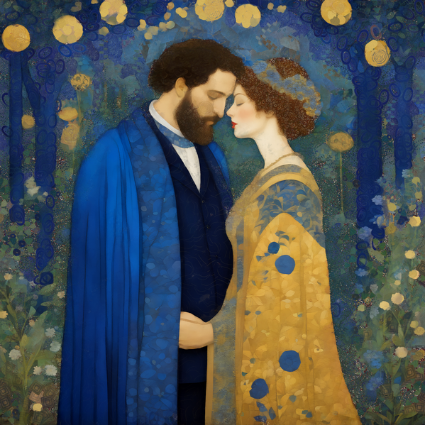 Romantic Embrace in a Golden Forest - Art Nouveau-Inspired Couple Portrait by Sandy Richter