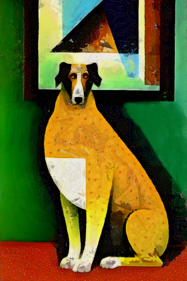 Abstract Vintage Style Mid Century Modern Surreal Dog Painting by Sandy Richter