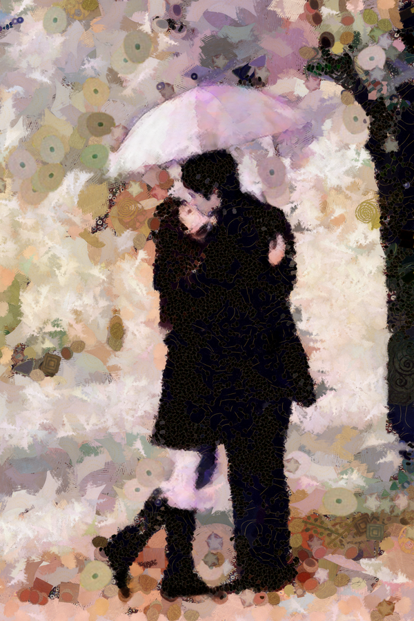 Romantic Couple Under Umbrella in Dreamy Impressionist Rain Scene by Sandy Richter