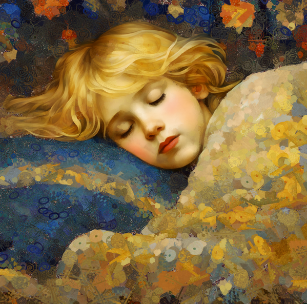Dreamy Sleeping Child in Floral Quilt - Soft Vintage Bedtime Painting Print