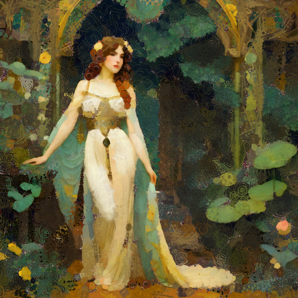 Art Nouveau Goddess in Enchanted Garden – Vintage Fantasy Woman Fine Art Print by Sandy Richter