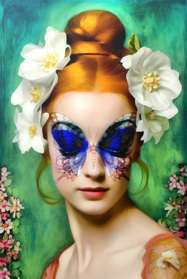 Butterfly Mask Portrait - Surreal Floral Woman Fantasy Art Print by Sandy Richter