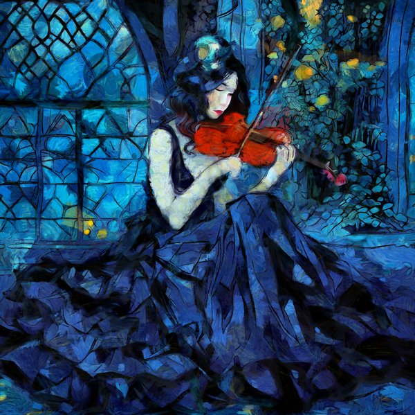 Gothic Violinist in Moonlit Garden – Dark Fantasy Elegant Art Print