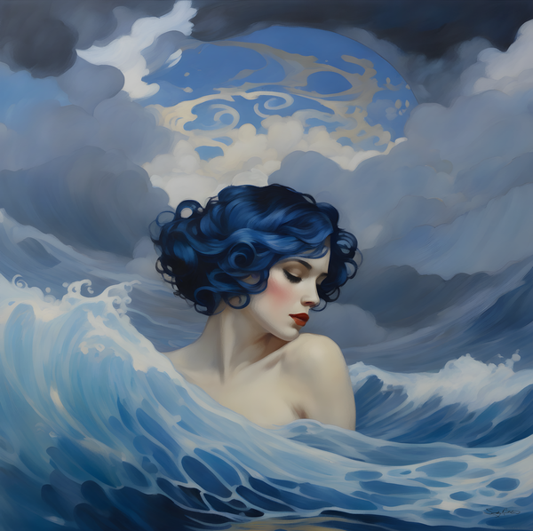 Mystical Ocean Goddess with Blue Hair in Surreal Dreamlike Wave Art by Sandy Richter