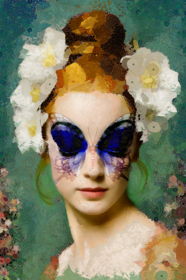 Butterfly Mask Portrait - Surreal Floral Woman Fantasy Art Print by Sandy Richter