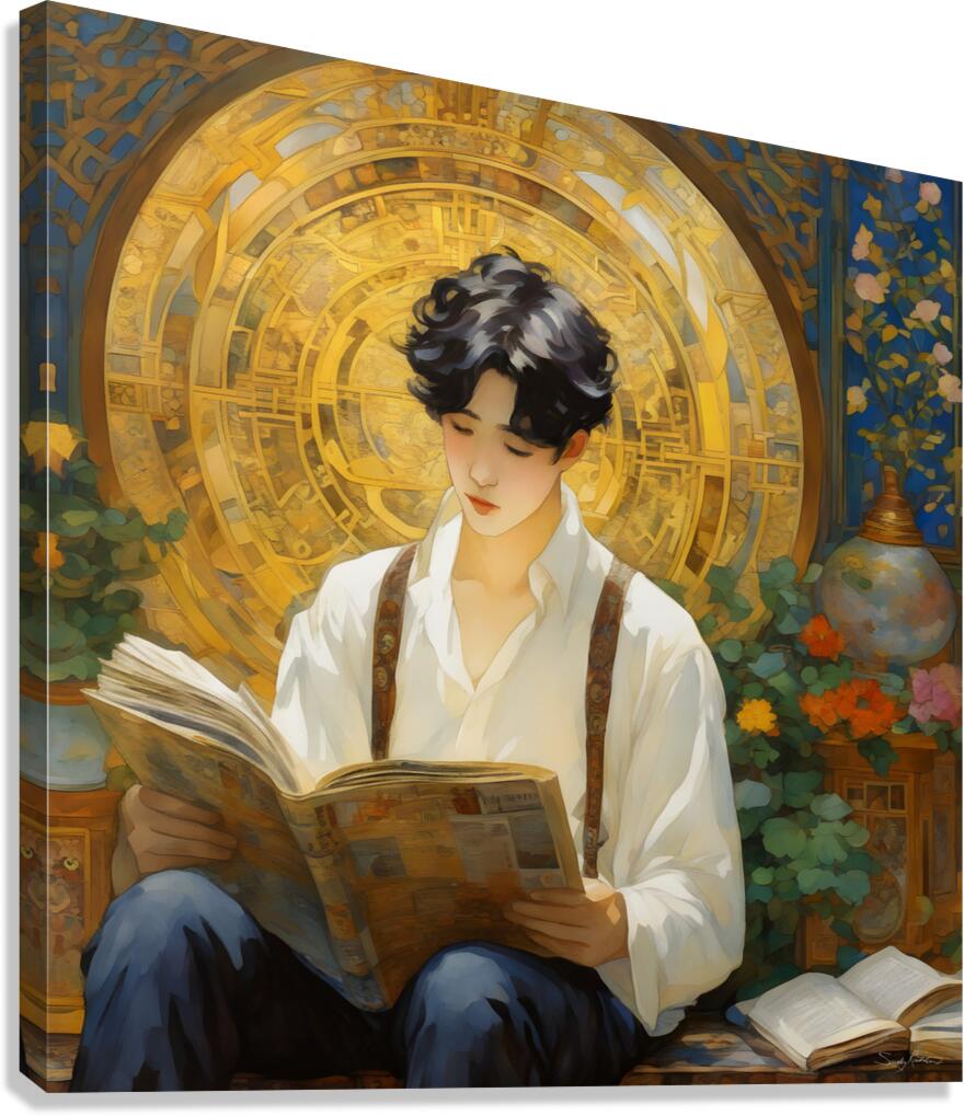 Vintage Aesthetic Book Lover - Golden Celestial Reading Painting  Canvas Print