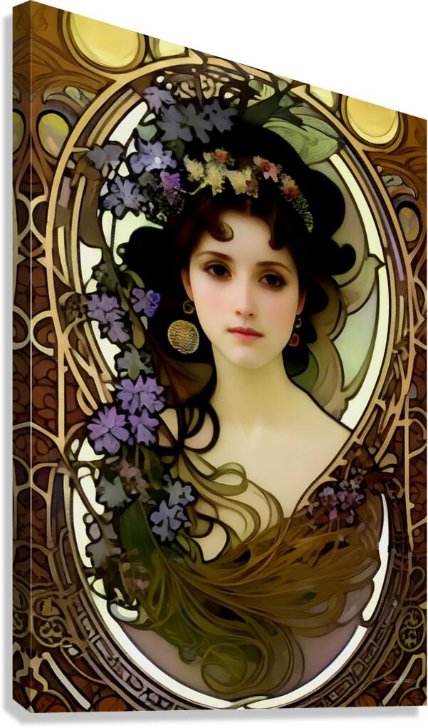 Romantic Art Nouveau Woman Portrait with Flowers and Flowing Hair  Canvas Print