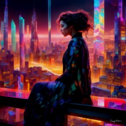 Beautiful Woman in Colorful Futuristic Cyberpunk City Painting