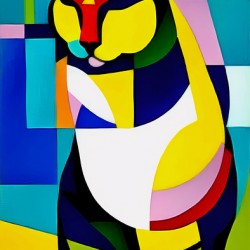 Colorful & Vibrant Retro Mid Century Modern Style Abstract Cat Painting
