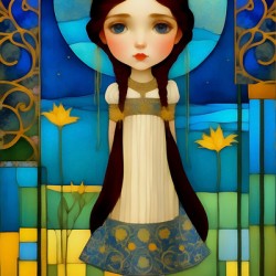 Cute Sad Kawaii Art Nouveau Style Girl Painting
