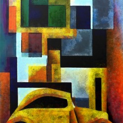Cubist Yellow Car with Geometric Abstract Background Retro Art Print