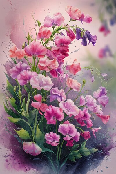 Blissful Bloom: Watercolor Sweet Peas in Radiant Hues by I R