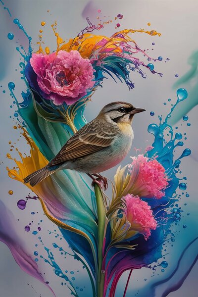 Vivid Symphony: Bird Amid Blossoms and Splashes by I R