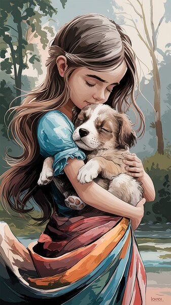 Tender Embrace: A Girl and Her Puppy by I R