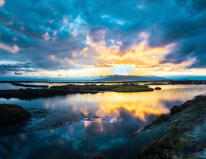 Beautiful sunset with the orb of the sun on the horizon among th