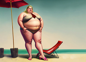 Ridiculous illustration of a man with a big belly on the beach