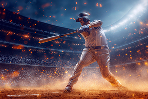 A baseball player confidently swings their bat atop a field foc