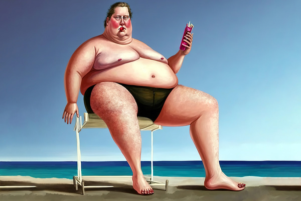 Ridiculous illustration of a man with a big belly on the beach Print