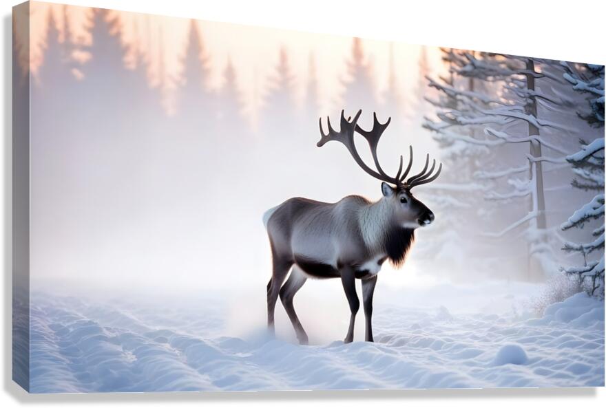 A reindeer searches for grass sprouts in the snow Canvas Print
