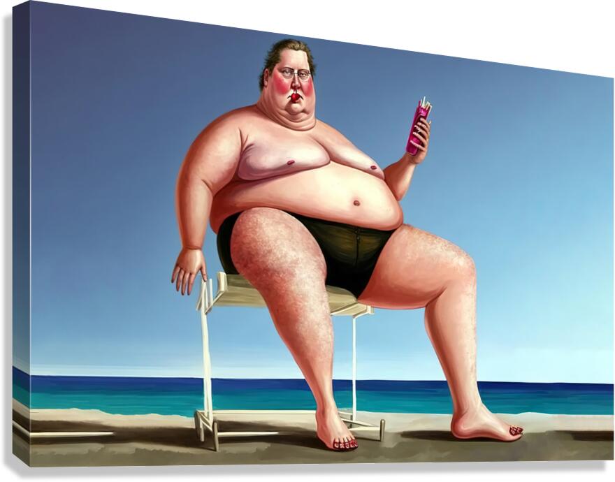 Ridiculous illustration of a man with a big belly on the beach Canvas Print