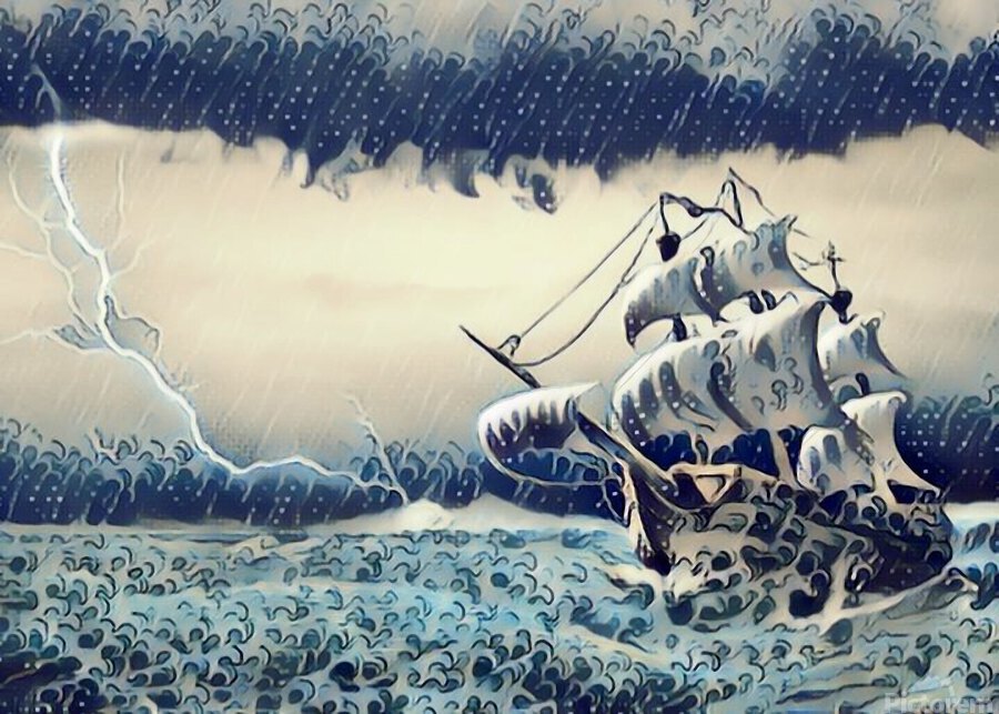 sailing ship at sea with ocean waves Ukiyo-e Ukiyoe by Radiy Bohem