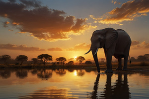 Majestic Reflections Elephant at Sunset