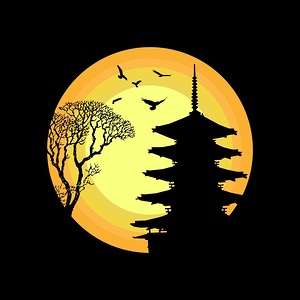 birds temple tree moon night
