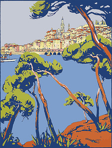 lake travel poster vacation france