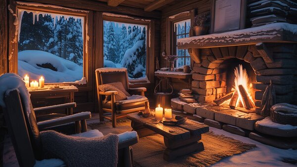 Cozy Winter Cabin Wall Art | Warm Fireplace in Snowy Forest | Hygge Rustic Home Decor Print by slimfreelance