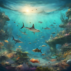 Showcase a vast underwater landscape teeming with various fish