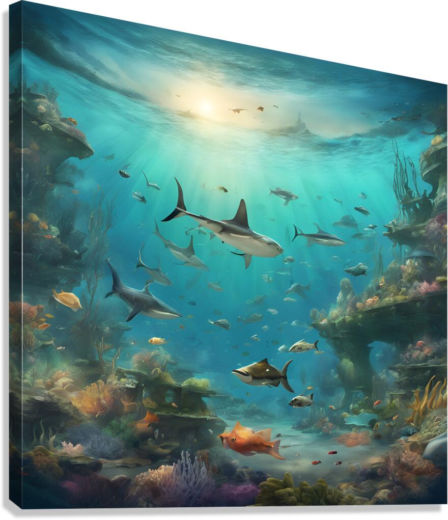 Showcase a vast underwater landscape teeming with various fish Canvas Print
