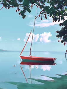 Pink boat on a Suspended Liquid day at sea