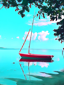 Pink boat at sea