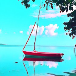 Pink boat at sea