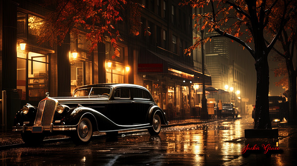 Night Fall Vintage Car Scene 1 Print