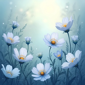 Delicate cosmos flowers bloom on a blue backdrop capturing the essence of a serene and enchanting meadow scene. Generative Al
