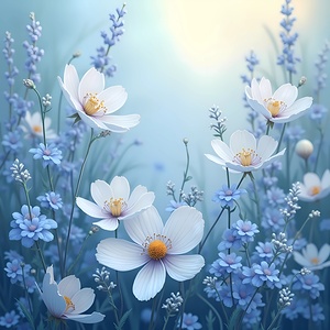 A stunning display of delicate blue and white wildflowers swaying gently in a sunlit field. Generative Al