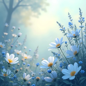 Blue flowers and grass glisten in morning light creating a serene and dreamy meadow atmosphere. Generative Al