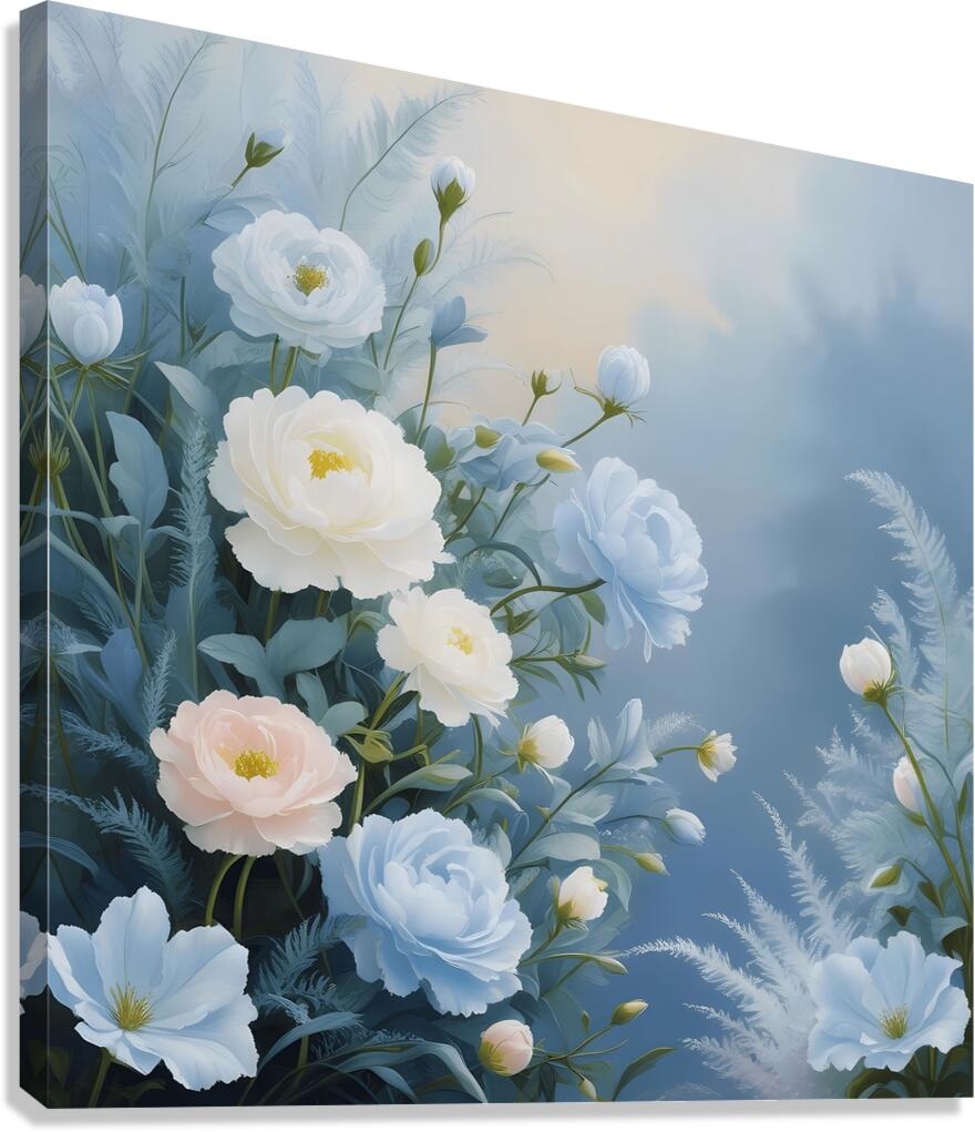 A celestial painting featuring blue and white flowers in soft pastel tones adding tranquility and beauty to your decor. Generative Al Canvas Print