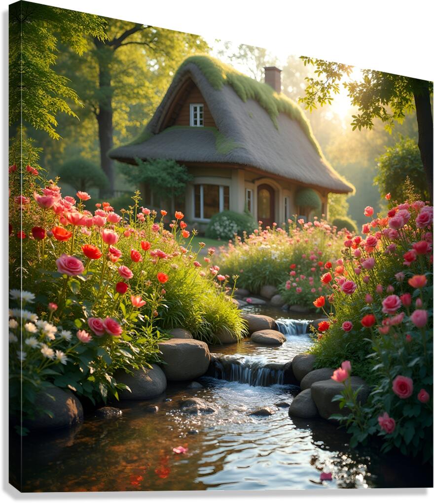 A charming cottage by a flowing stream surrounded by vibrant flowers and lush greenery evoking a fairytale atmosphere. Generative Al Canvas Print