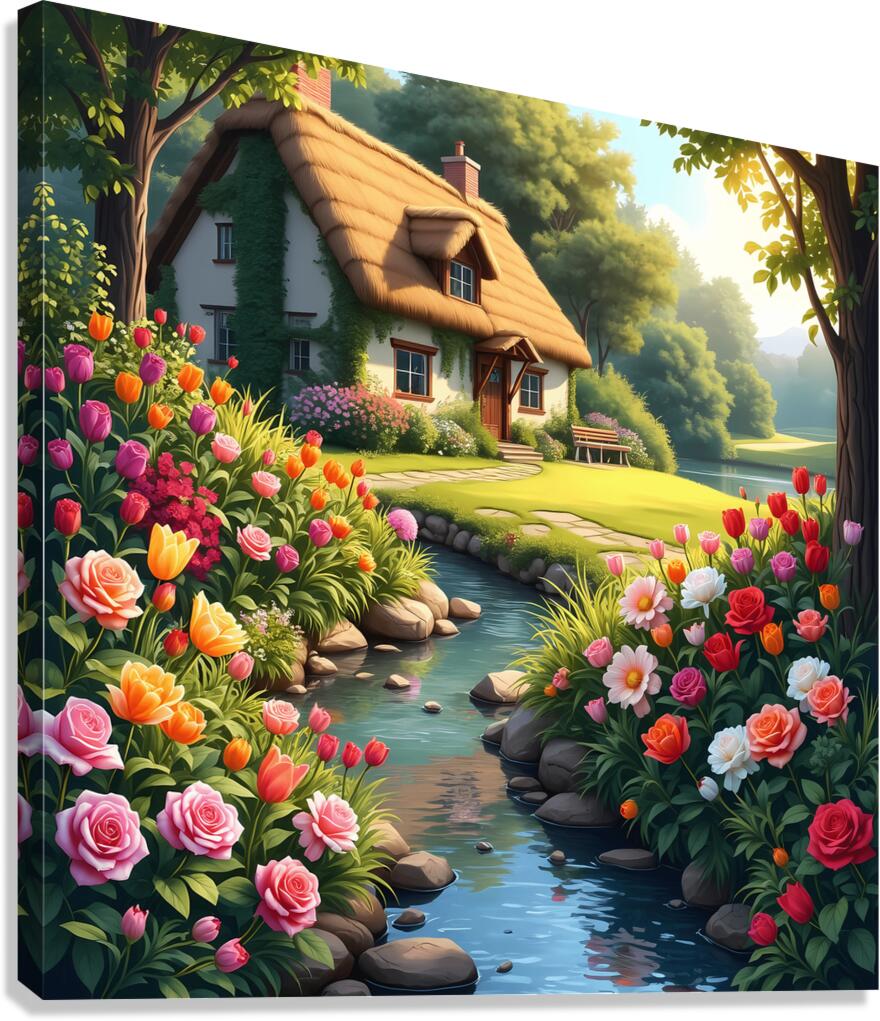 A fairytale cottage surrounded by a vibrant garden featuring a stream and sunlit path embodying cottagecore charm. Generative Al Canvas Print