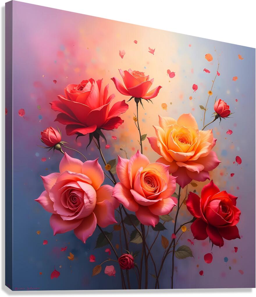 A vibrant painting of numerous roses showcasing delicate petals and shimmering dew creating a romantic atmosphere. Generative Al  Canvas Print