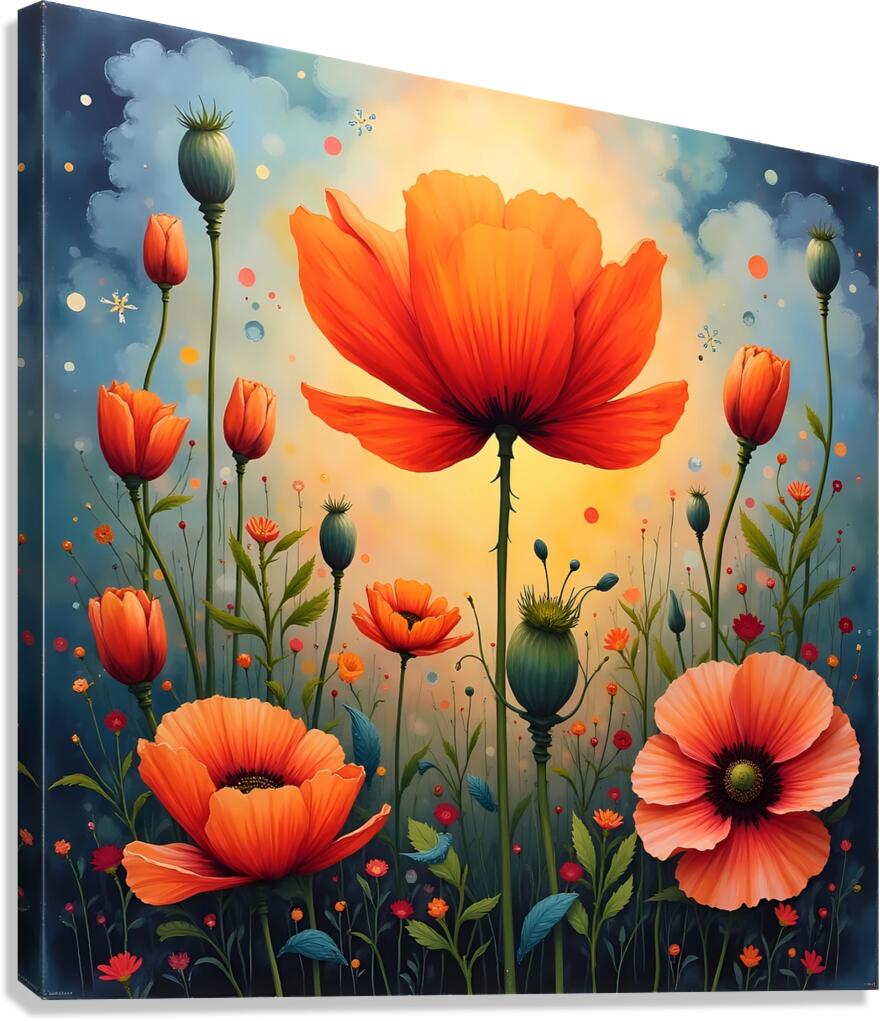 A vibrant painting of red poppies in a sunlit field with a central orange poppy and a dreamy blue sky above. Generative Al Canvas Print