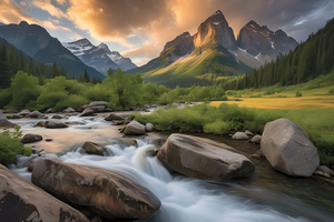 Serenity in the Wilderness: A Majestic Mountain River Scene Landscape   