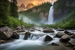 Serenity in the Wilderness: A Majestic Mountain River Scene Landscape   