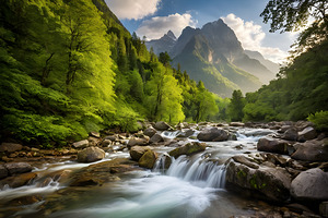 Serenity in the Wilderness: A Majestic Mountain River Scene Landscape   