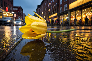 Clous-UP Beautiful Yellow Tulips With RainDrops in city   